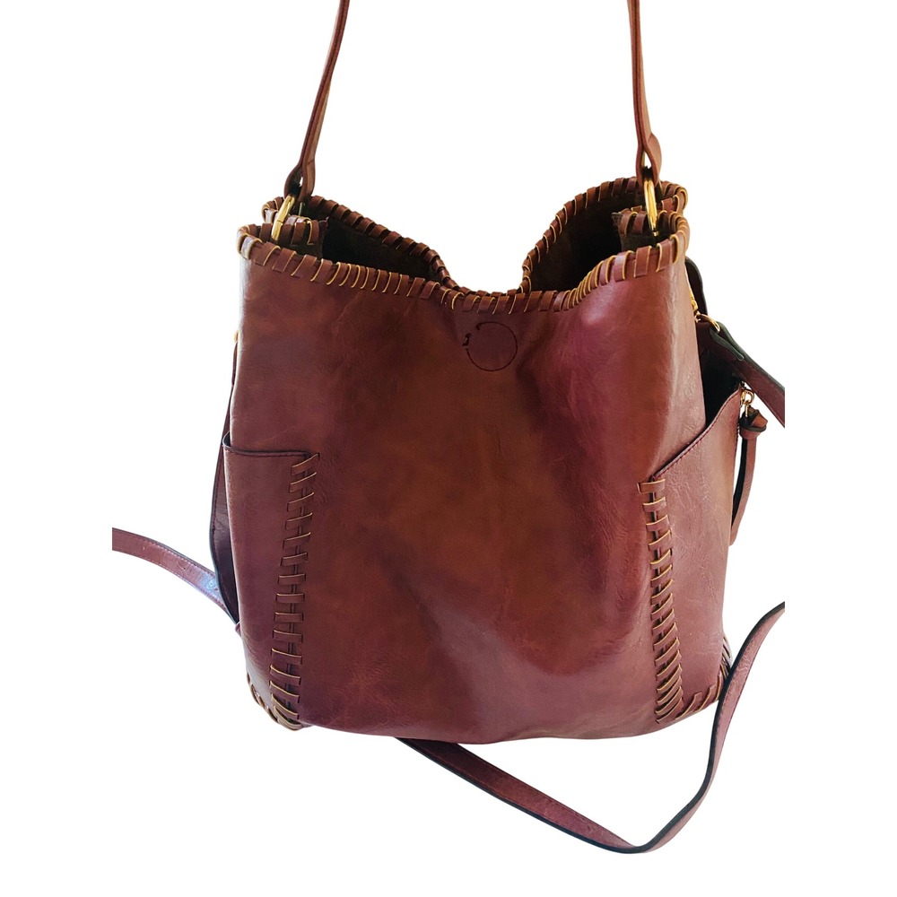 Cognac Brown Whipstitch Vegan Leather Bucket Bag Crossbody Shoulder Tote